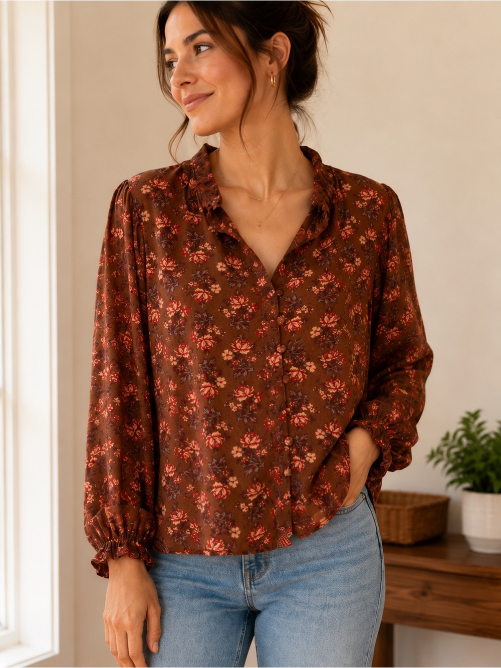 April Cornell Brown Floral Button-Front Blouse with Red & Cream Flowers
